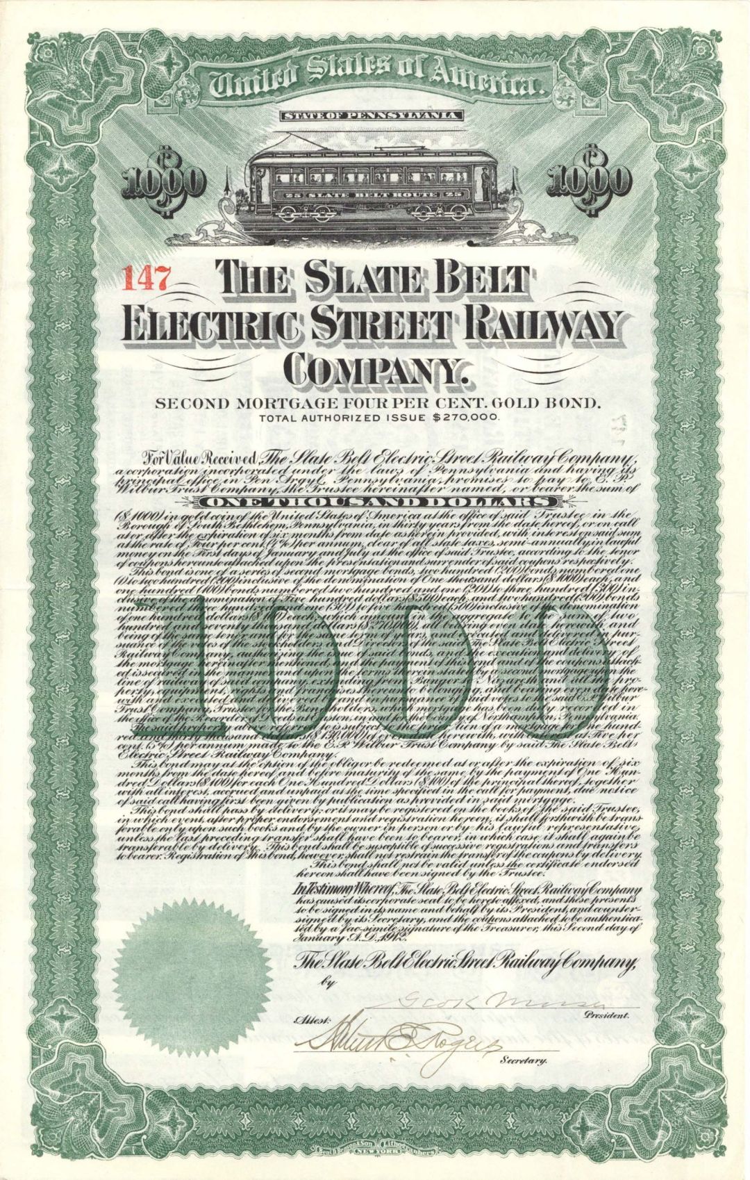 Slate Belt Electric Street Railway Co. - 1912 dated $1,000 Bond (Uncanceled)