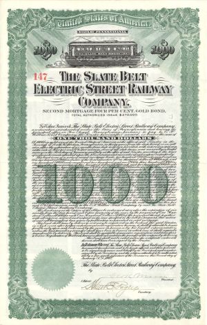 Slate Belt Electric Street Railway Co. - 1912 dated $1,000 Bond (Uncanceled)