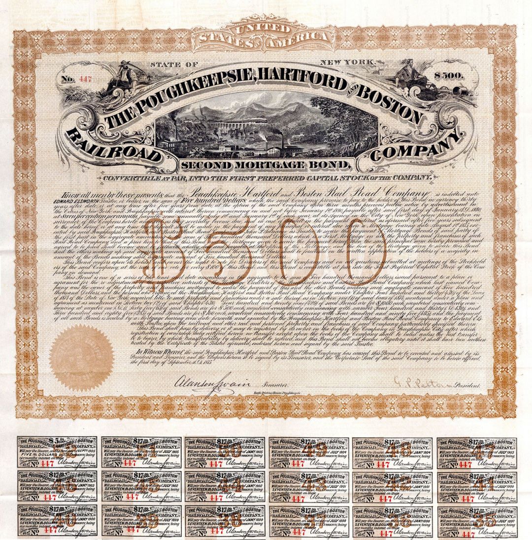 Poughkeepsie, Hartford and Boston Railroad Co. - Various Denominations - Bond (Uncanceled)