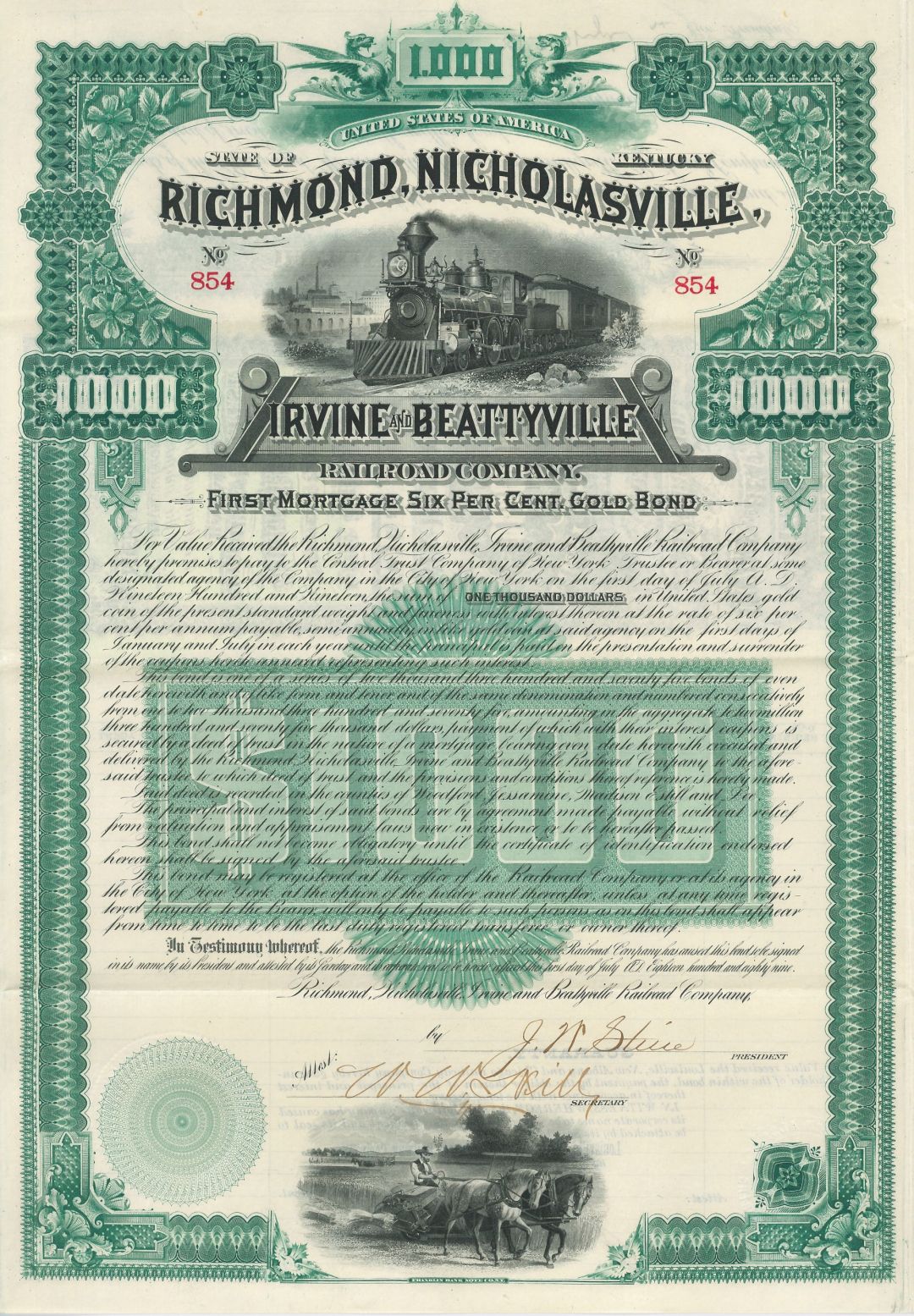 Richmond, Nicholasville, Irvine and Beattyville Railroad - 1889 dated Railway Gold Bond (Uncanceled)