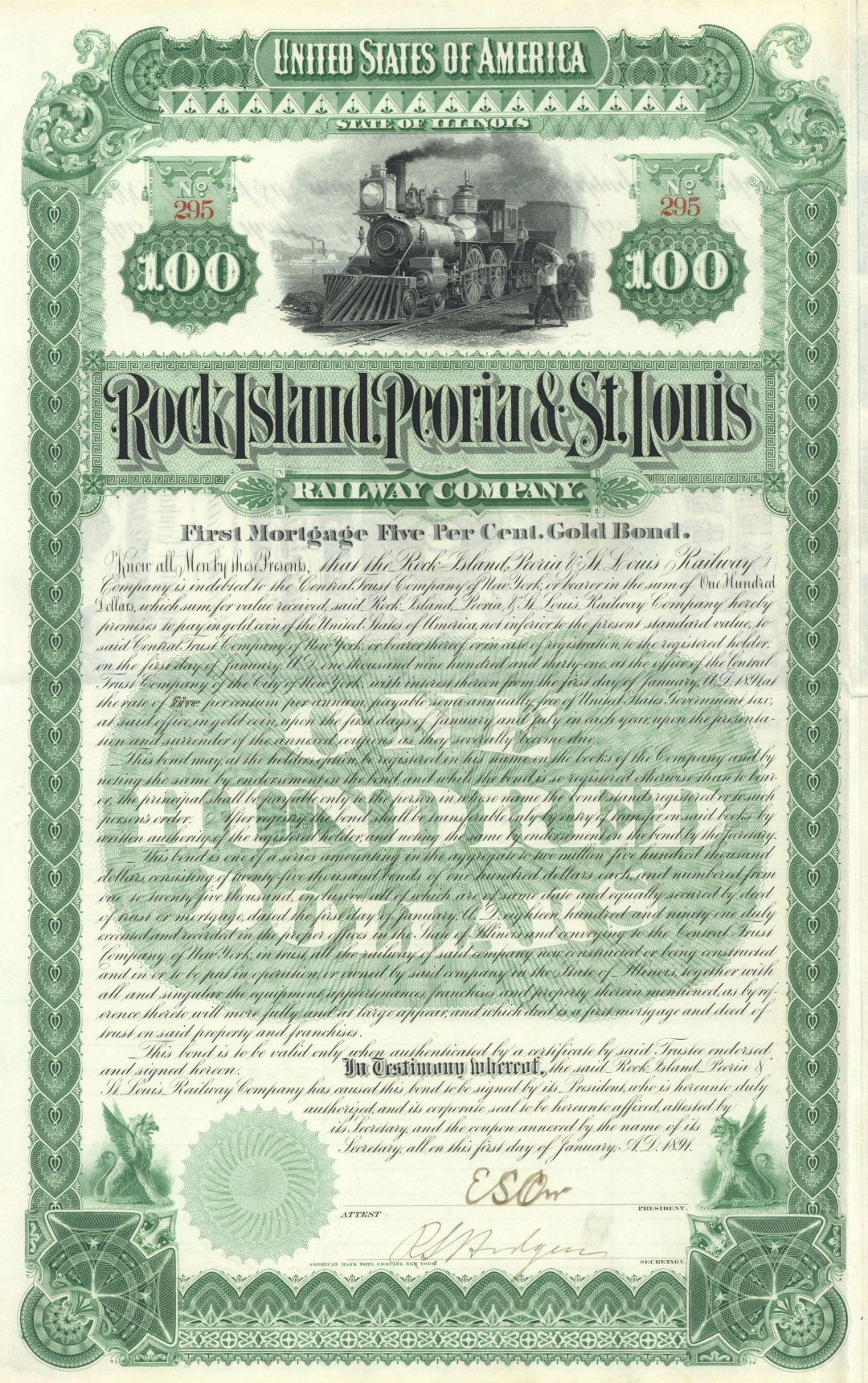 Rock Island, Peoria and St. Louis Railway - 1891 dated $100 Railroad Bond (Uncanceled)