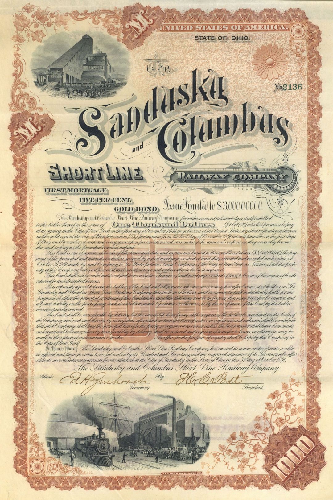 Sandusky and Columbus Short Line Railroad - 1891 dated $1,000 Railway Bond (Uncanceled)