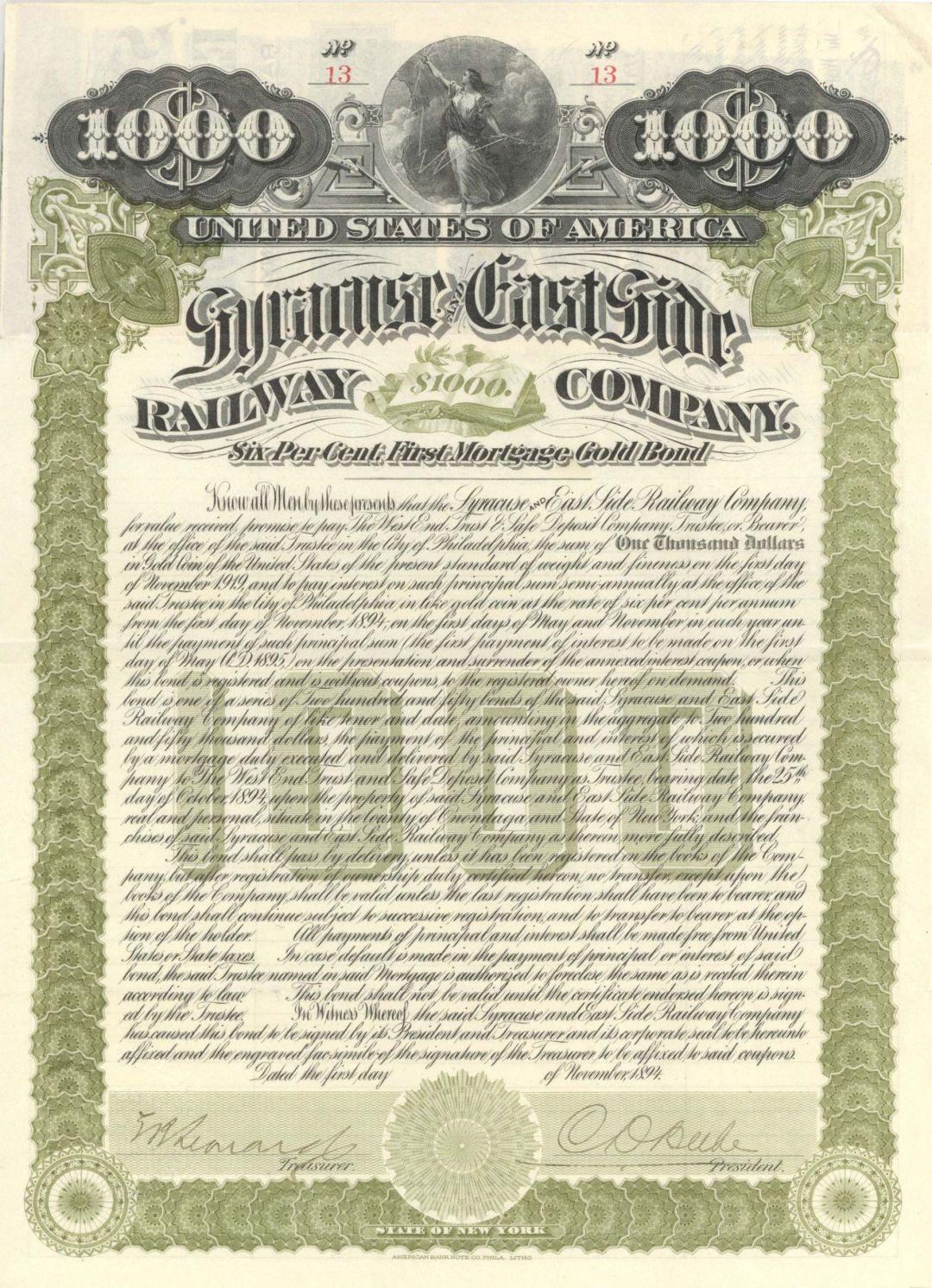 Syracuse and East Side Railway Co. - 1894 dated $1,000 Bond (Uncanceled)
