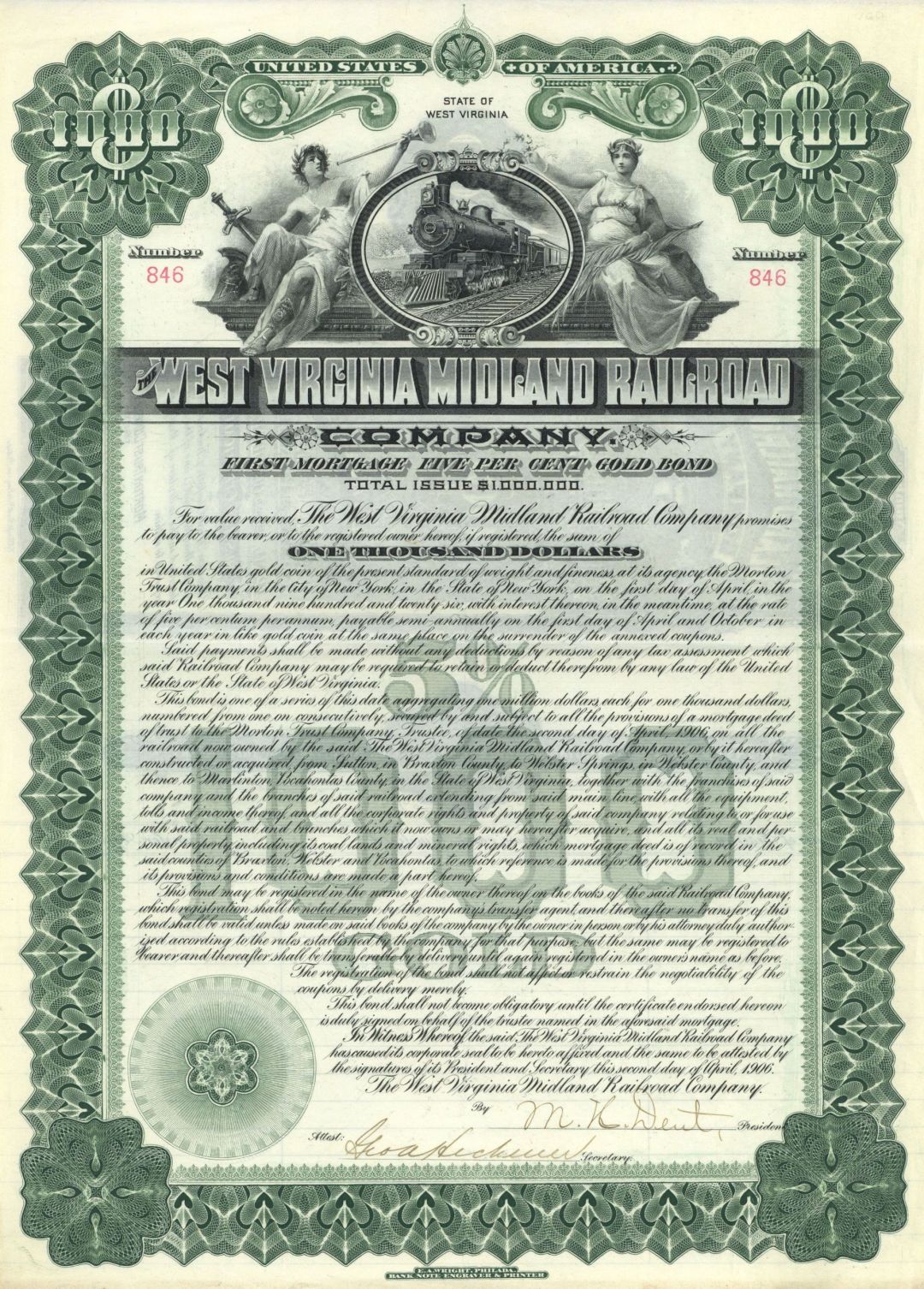 West Virginia Midland Railroad - 1906 dated West Virginia Railway Bond (Uncanceled)