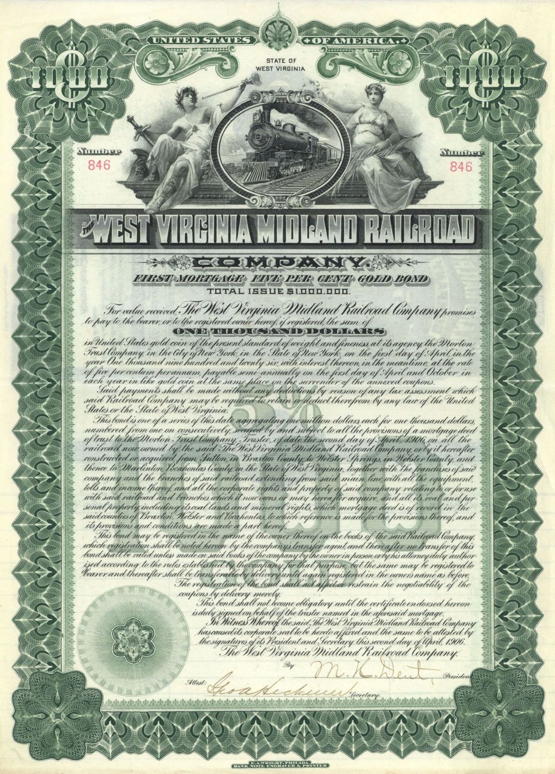 West Virginia Midland Railroad - 1906 dated Railway Bond (Uncanceled)