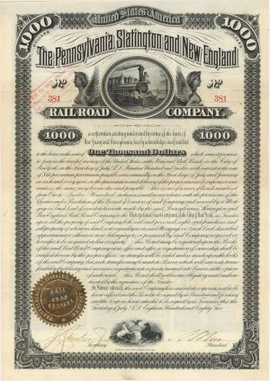 Pennsylvania, Slatington and New England Railroad Co. - $1,000 1882 dated Bond (Uncanceled)