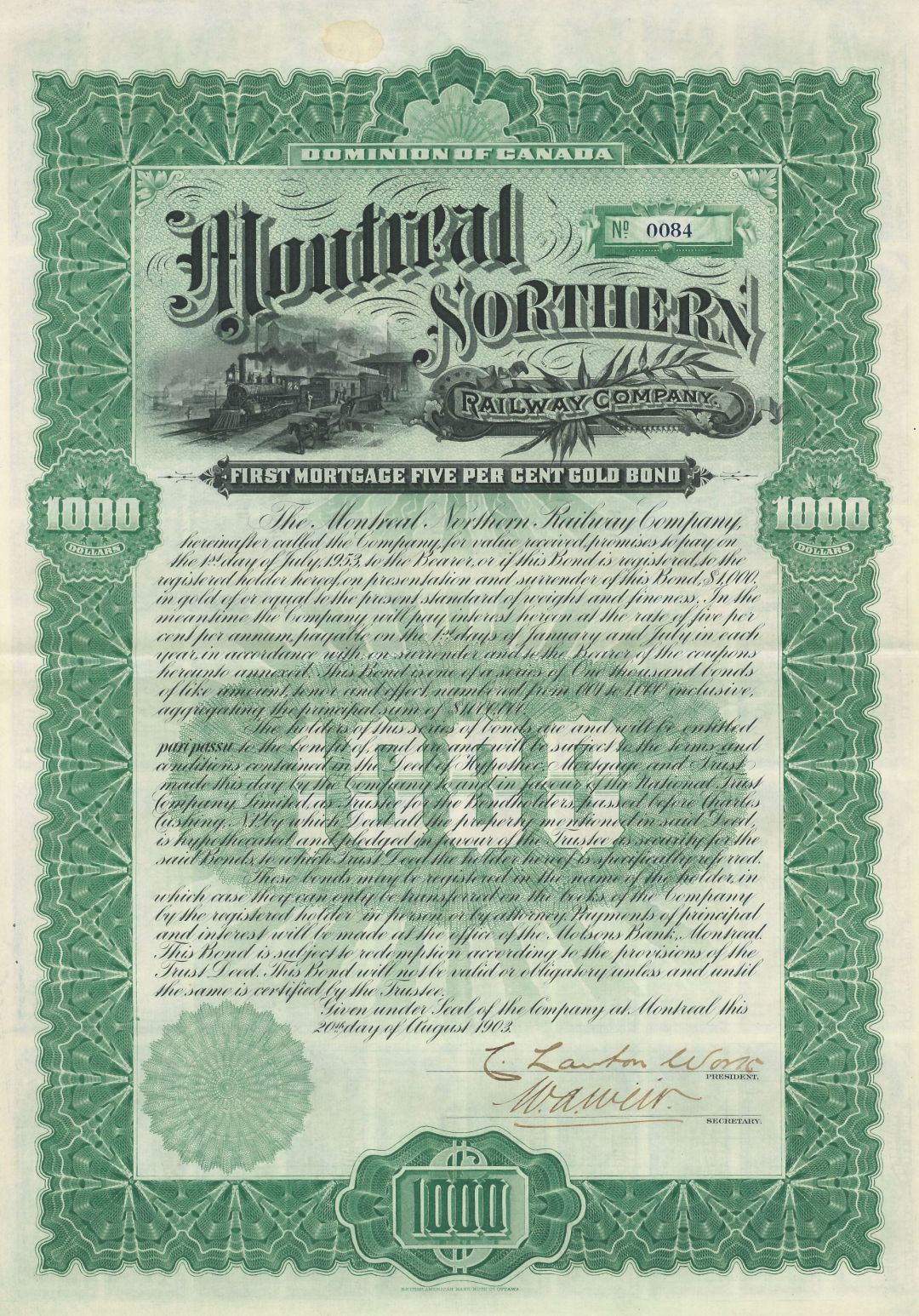 Montreal Northern Railway - Canadian $1,000 Uncanceled Railroad Gold Bond