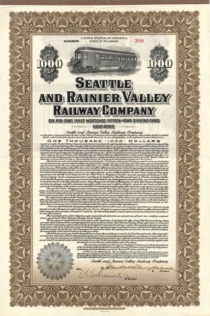 Seattle and Rainier Valley Railway Co. - 1916 dated $1,000 Bond (Uncanceled)