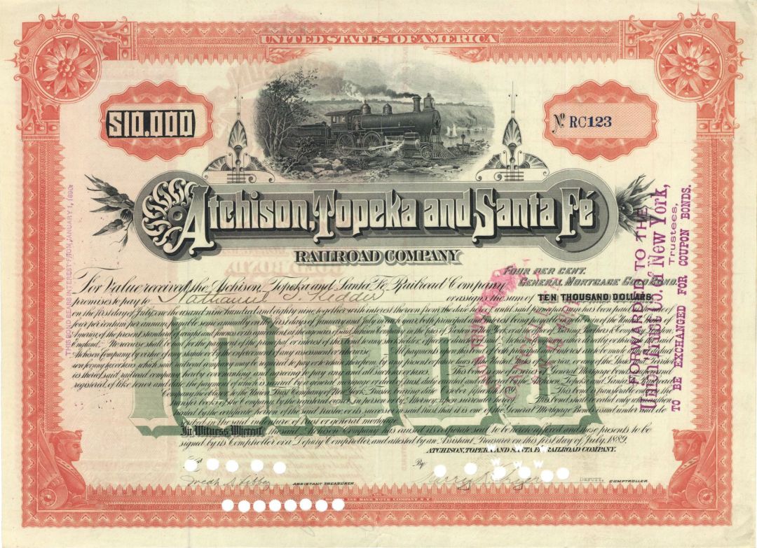 Atchison, Topeka and Santa Fe Railroad Co. - 1889 dated $10,000 Railway Bond - Gorgeous Colors