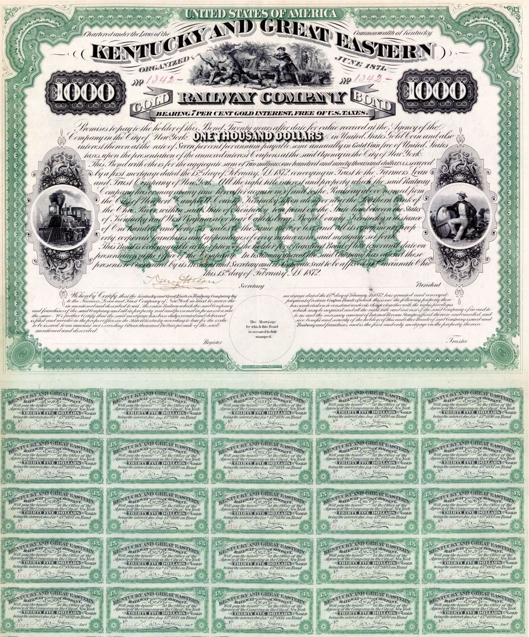 Kentucky and Great Eastern Railway Co. - $1,000 Bond