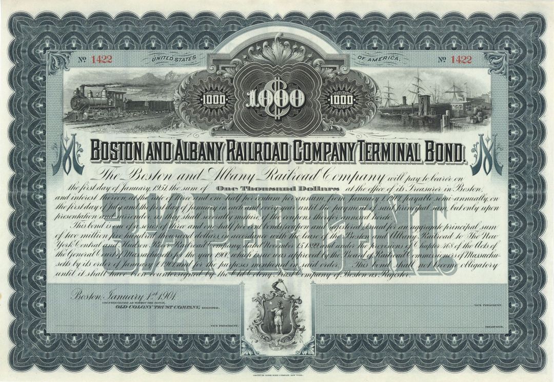 Boston and Albany Railroad Co. - 1901 dated $1,000 Unissued Railway Terminal Bond - Part of the New York Central Railroad System, Conrail, & CSX Transportation