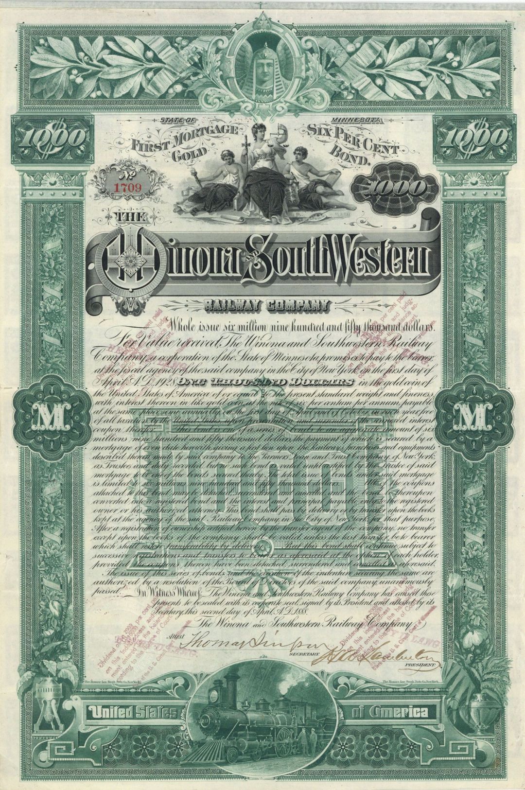 Winona and Southwestern Railway Co. - 1888 dated $1,000 Railroad Bond - Fantastic Design