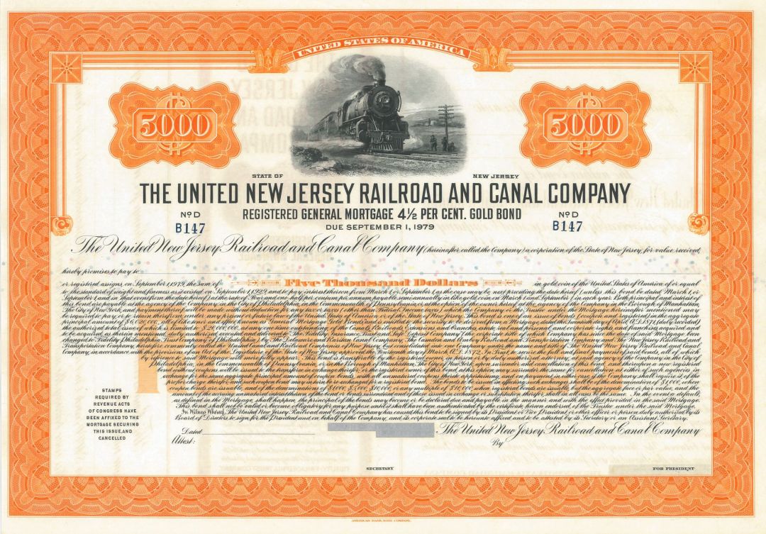 United New Jersey Railroad and Canal Co. - 1920's dated Unissued Railway Bond