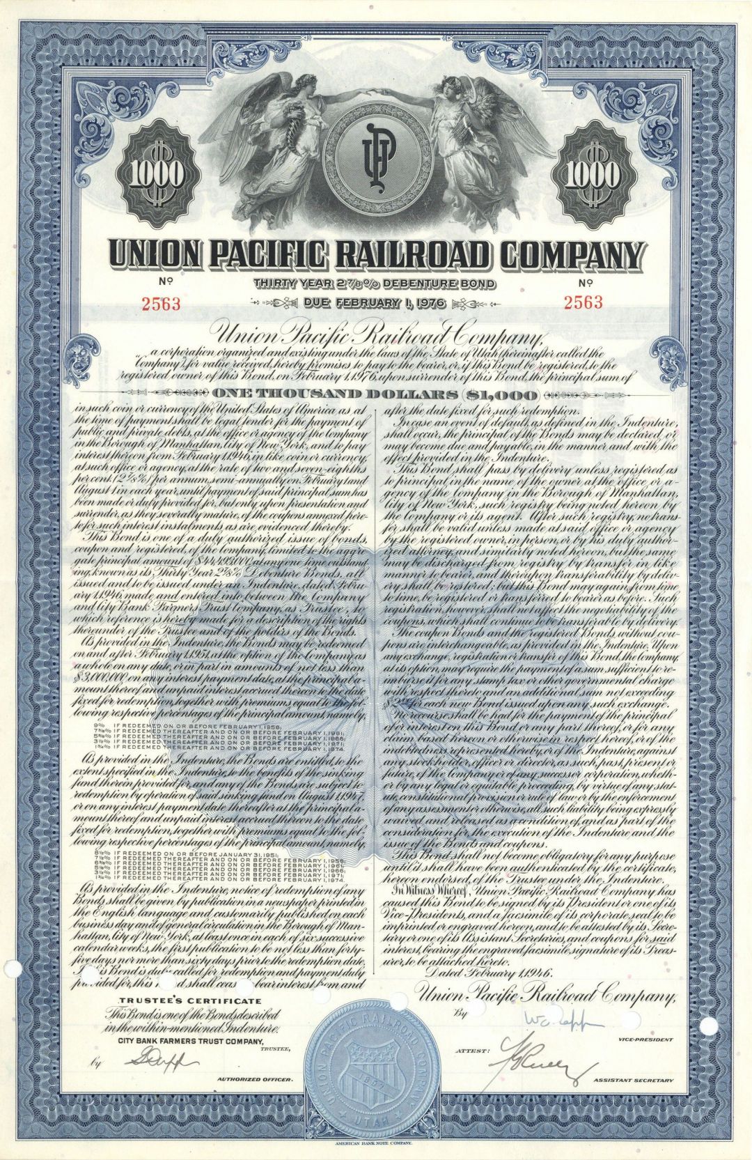 Union Pacific Railroad Co. - $1,000 Railway 30 Year Debenture Bond - Famous Railway System