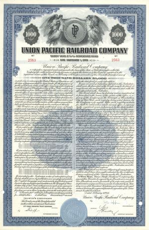 Union Pacific Railroad Co. - $1,000 Railway 30 Year Debenture Bond - Famous Railway System