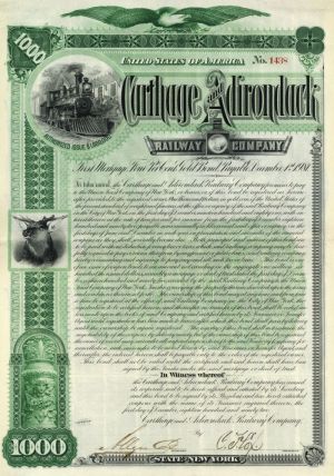 Carthage and Adirondack Railway Co. - $1,000 Railroad Uncanceled Gold Bond