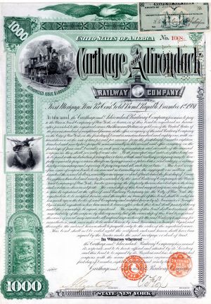 Carthage and Adirondack Railway Co. - $1,000 Railroad Uncanceled Gold Bond