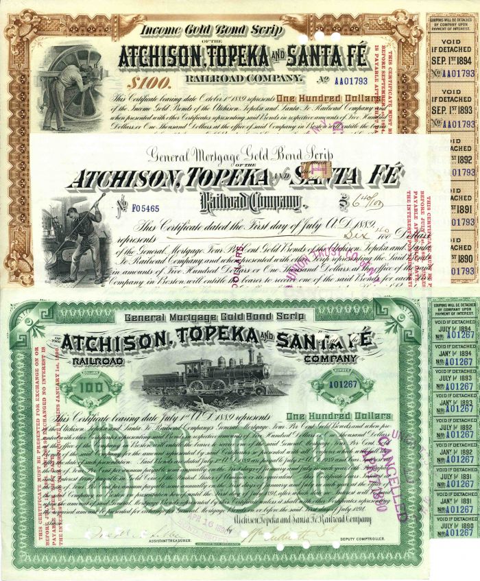 Group of 3 Bonds - Atchison, Topeka and Santa Fe Railroad - Three Items dated 1880-90's