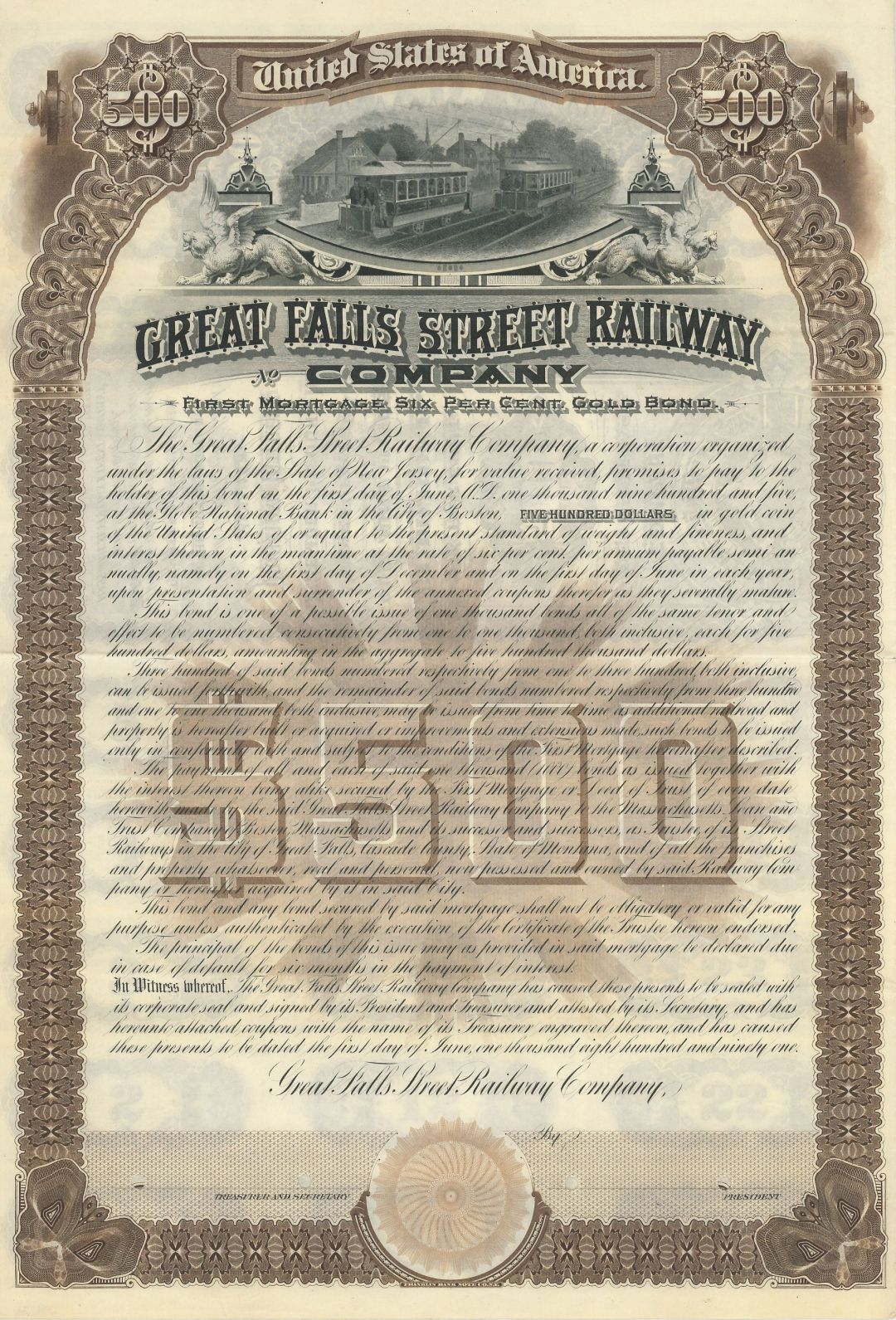Great Falls Street Railway Co. - 1891 dated $500 Specimen Railroad Gold Bond