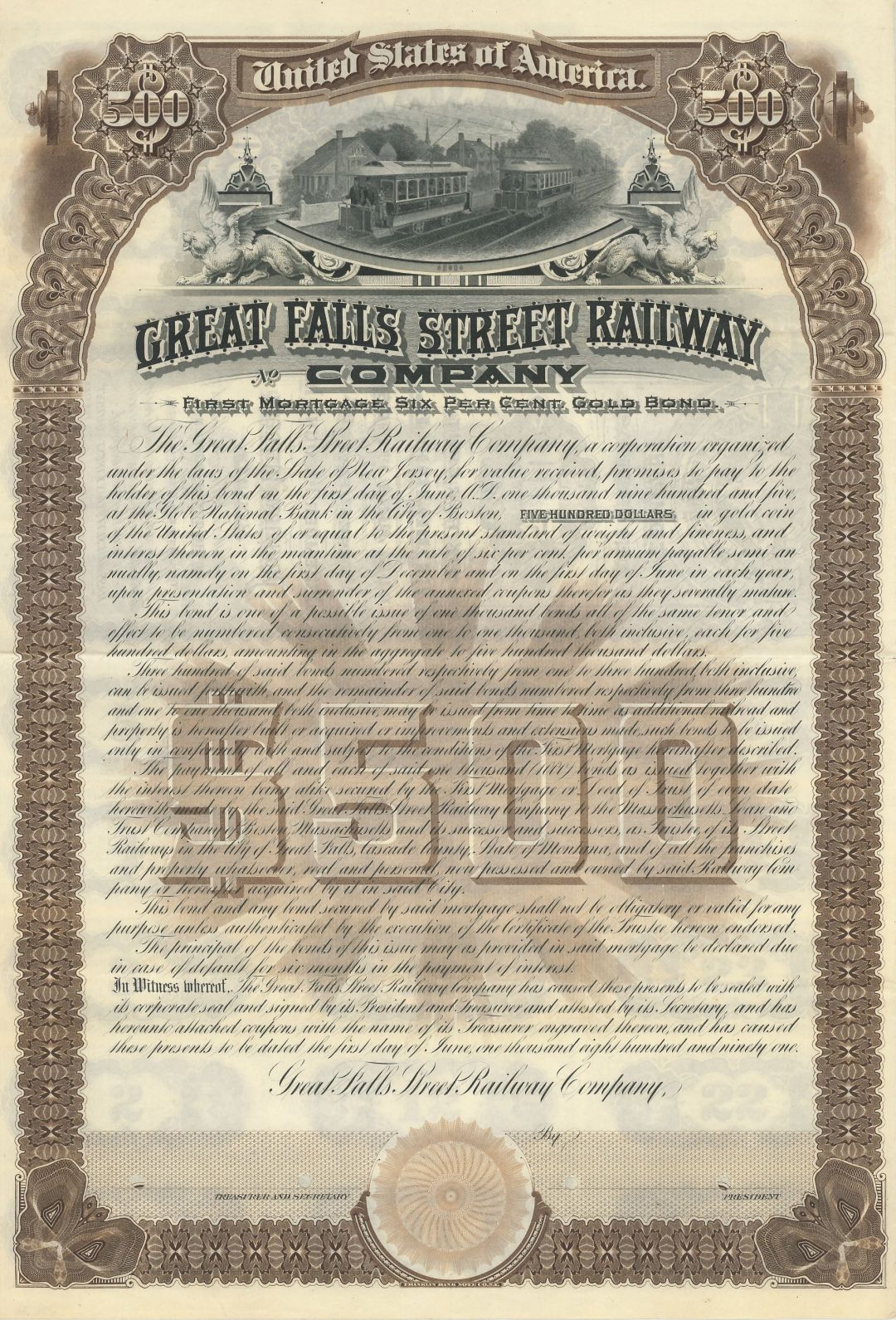 Great Falls Street Railway Co. - 1891 dated $500 Specimen Railroad Gold Bond