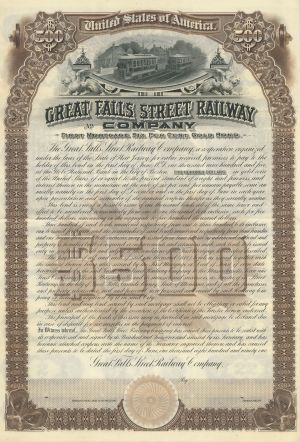 Great Falls Street Railway Co. - 1891 dated $500 Railroad Gold Bond