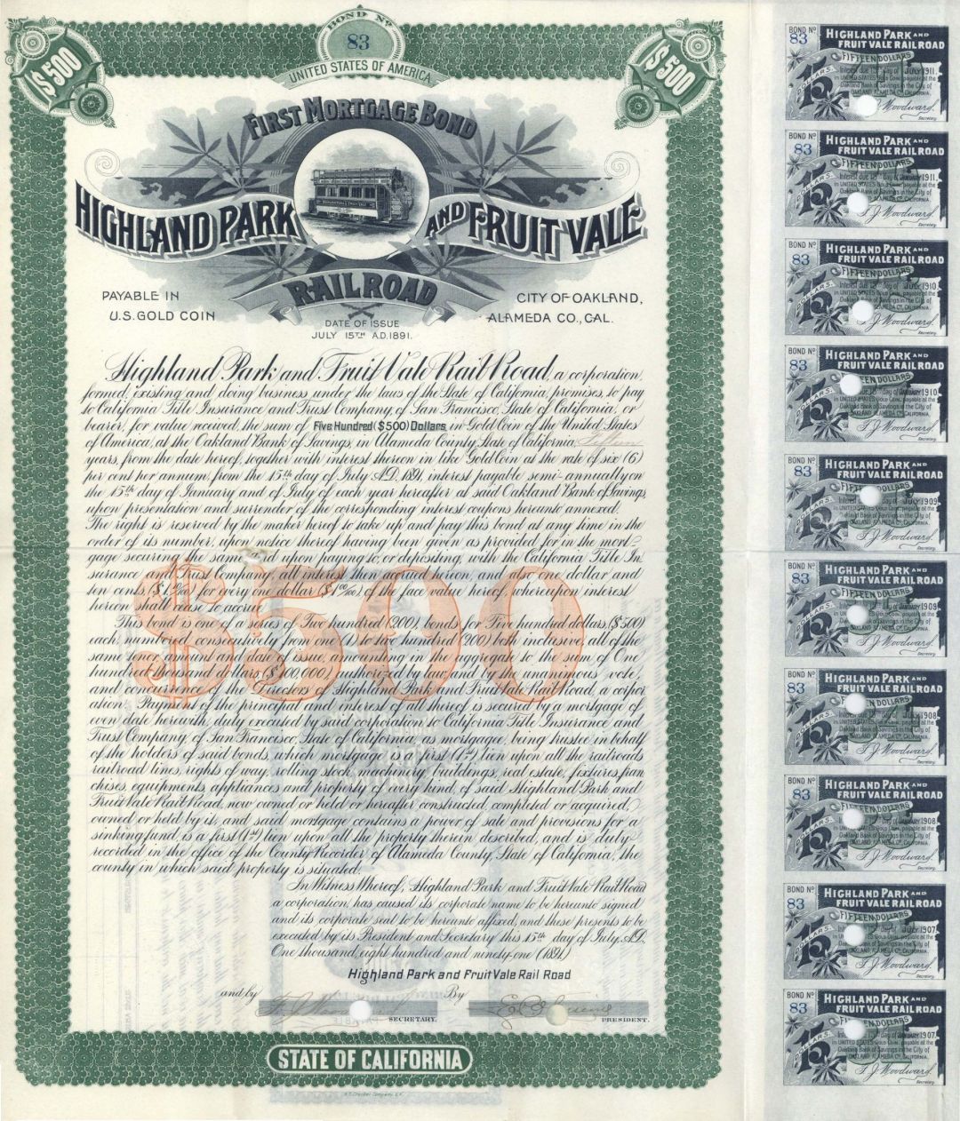 Highland Park and Fruit Vale Railroad - 1891 dated $500 Bond
