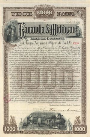 Kanawha and Michigan Railway Co. - $1,000 1890 dated Railroad Bond