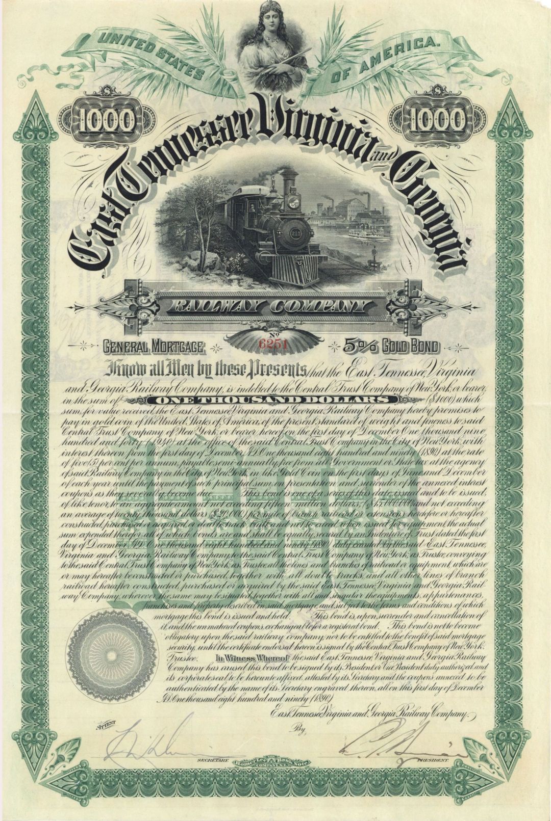 East Tennesse, Virginia and Georgia Railway Co. - 1890 dated $1,000 Railroad Gold Bond (Uncanceled)