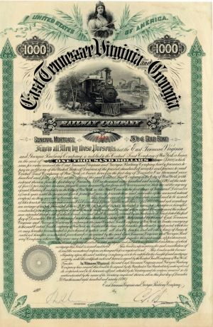 East Tennesse, Virginia and Georgia Railway Co. - 1890 dated $1,000 Railroad Gold Bond (Uncanceled)
