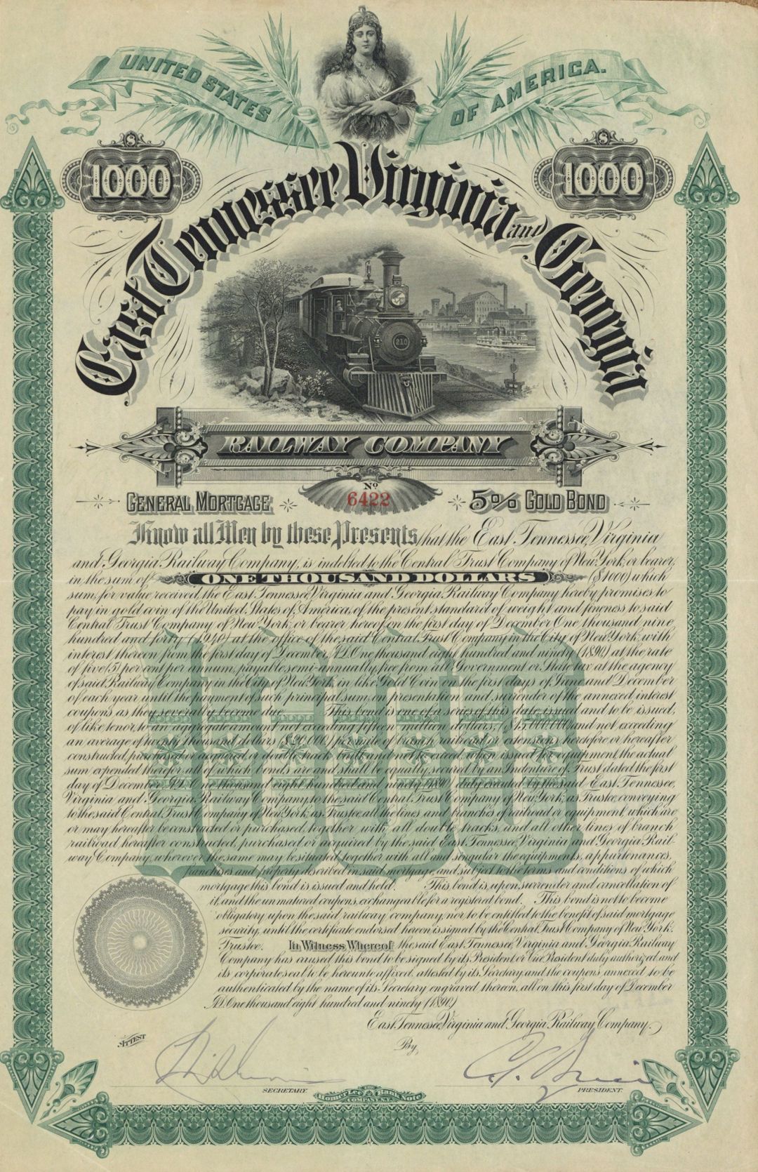 East Tennesse, Virginia and Georgia Railway - 1890 dated $1,000 Railroad Gold Bond (Uncanceled)