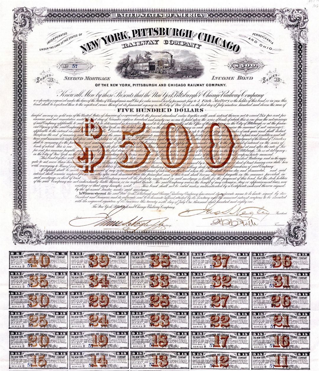 New York, Pittsburgh and Chicago Railway Co. - 1881 dated $500 Railroad Bond