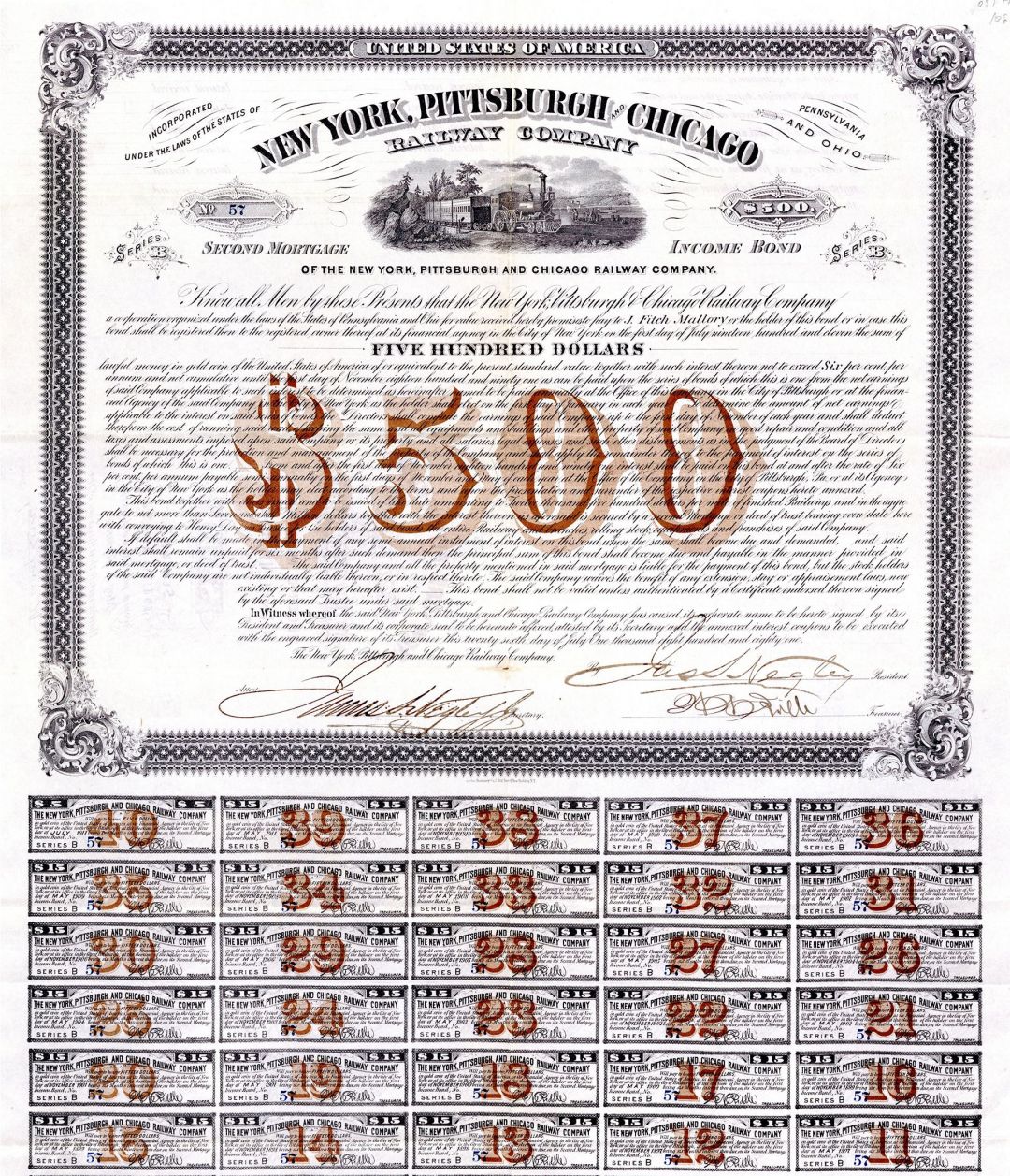 New York, Pittsburgh and Chicago Railway Co. - 1881 dated $500 Railroad Bond