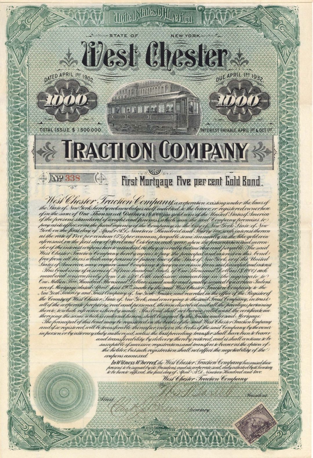 West Chester Traction Co. - 1902 dated $1,000 Bond (Uncanceled)