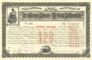 Chicago, Kansas and Western Railroad - $20 1886 dated Railway Gold Bond Scrip - Extremely Rare