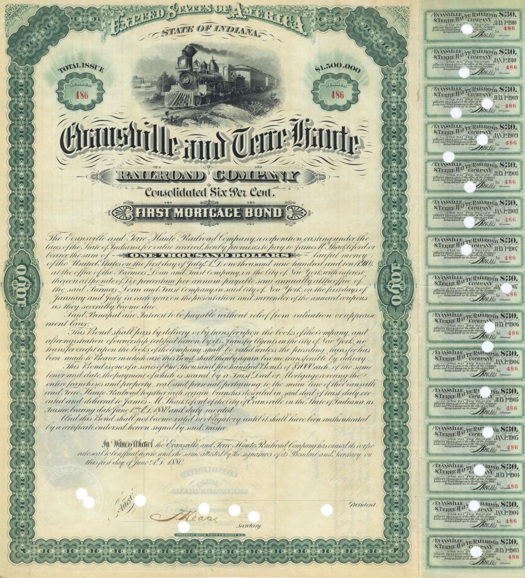 Evansville and Terre Haute Railroad - Partially Issued 6% $1,000 Indiana Railway Bond