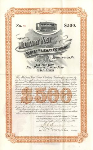 Military Post Street Railway Co. - 1895 dated $500 Bond (Uncanceled)