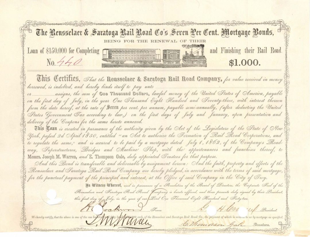 Rensselaer and Saratoga Rail Road Co. - 1862 dated $1,000 Bond