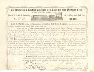 Rensselaer and Saratoga Rail Road Co. - 1862 dated $1,000 Bond
