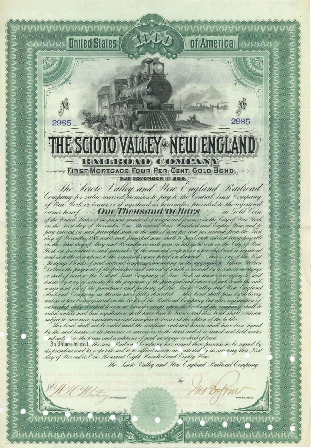 Scioto Valley and New England Railroad Co. - 1889 dated $1,000 Bond