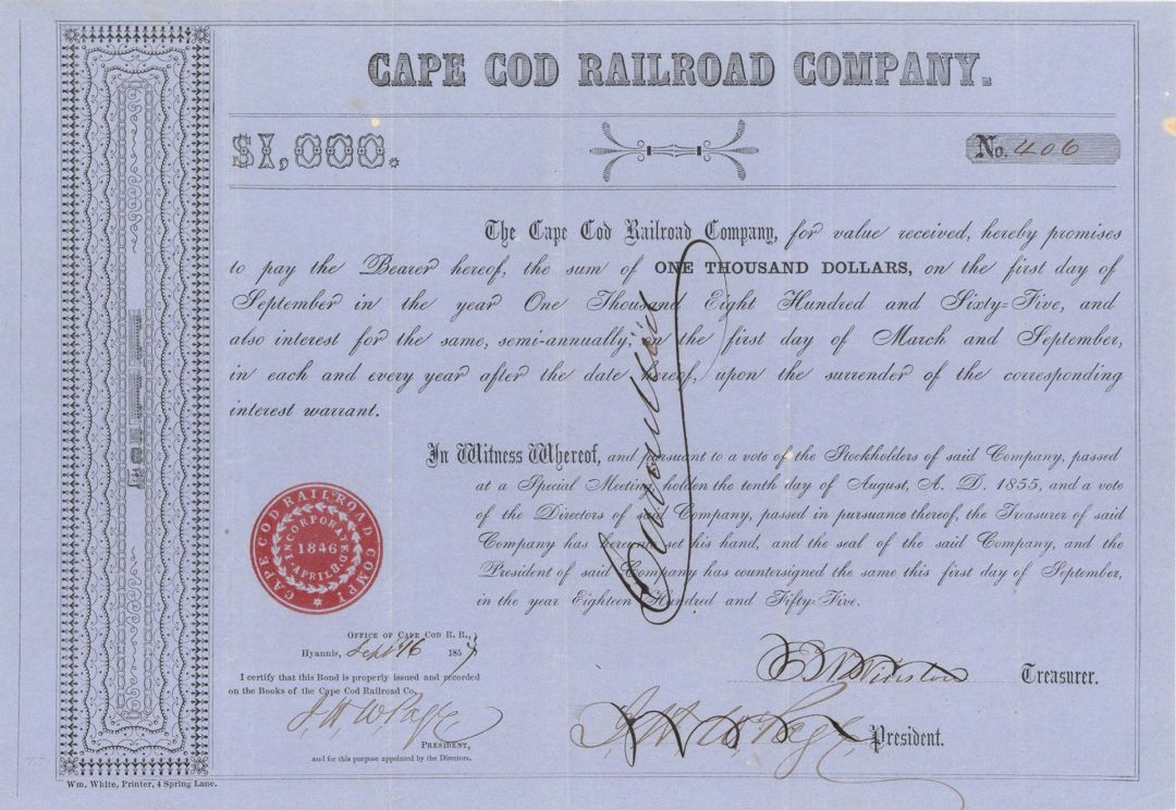 Cape Cod Railroad - $1,000 Bond