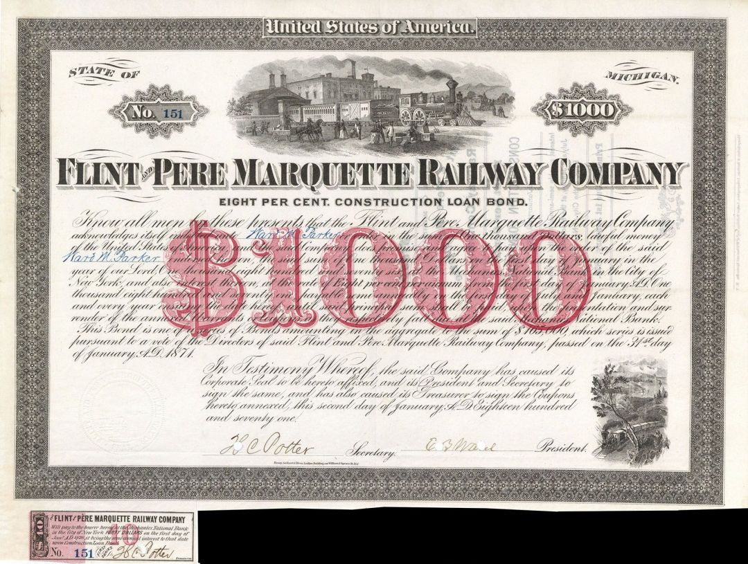Flint and Pere Marquette Railway - $1,000 Bond