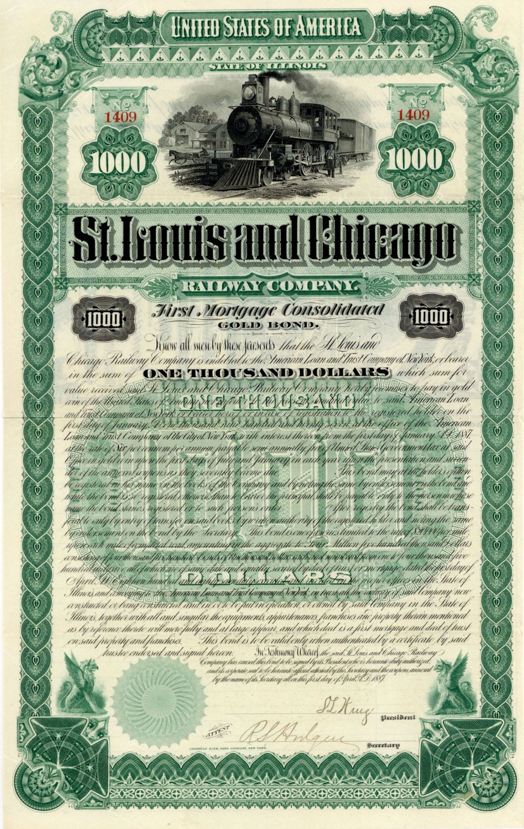 St. Louis and Chicago Railway - 1887 dated $1,000 Railroad Gold Bond