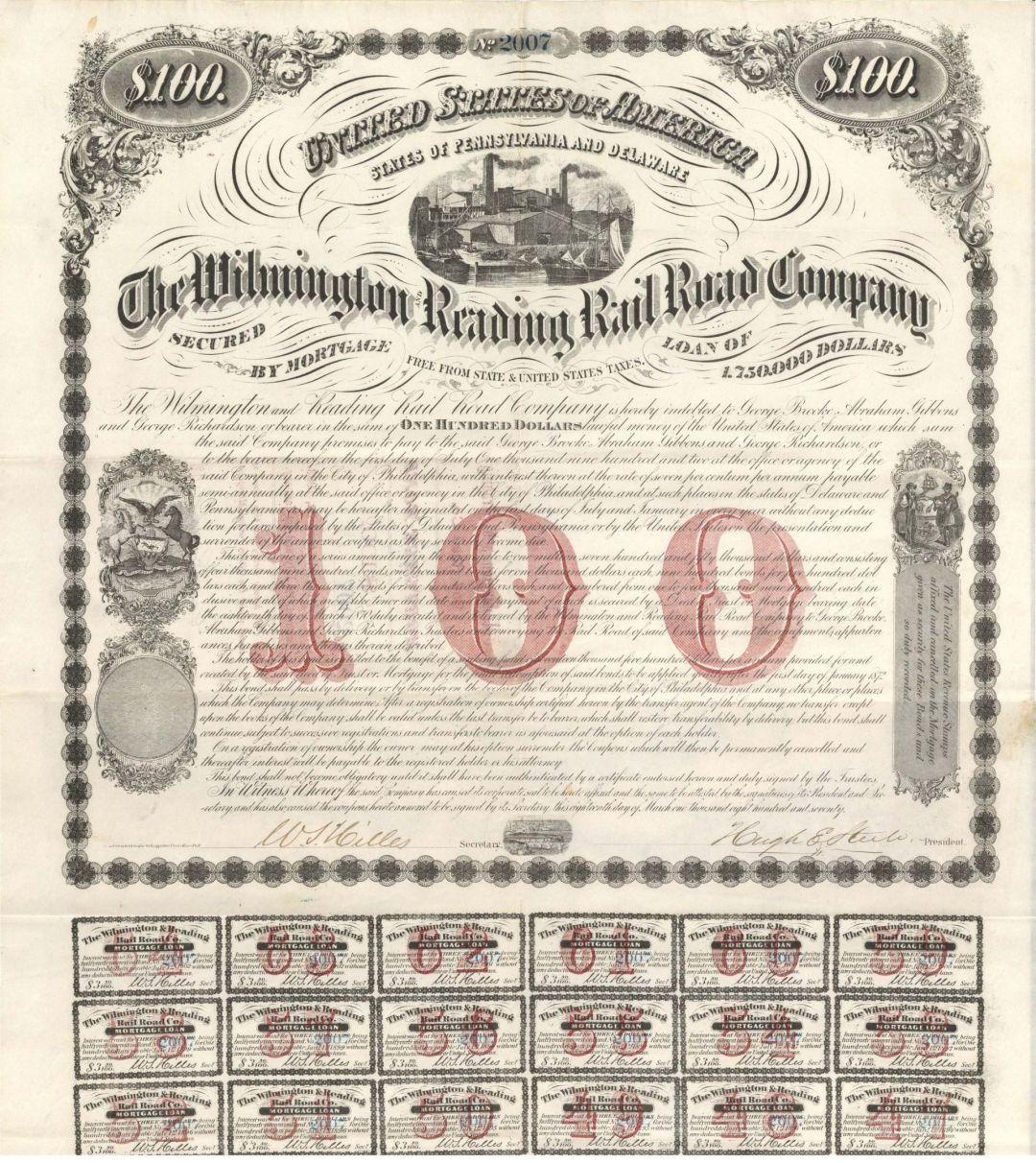 Wilmington and Reading Rail Road Co. - 1870 dated $100 Bond