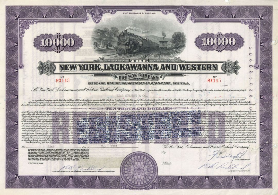 New York, Lackawanna and Western Railway Co. -$10,000 Bond