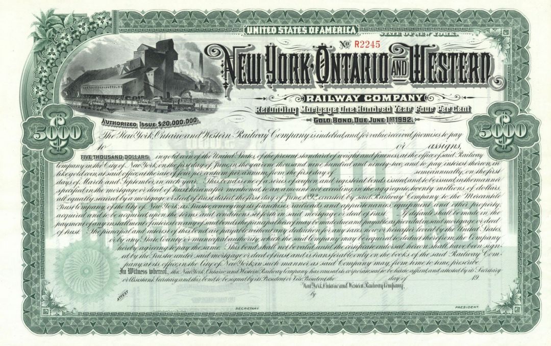 New York, Ontario and Western Railway Co. - circa 1900's Unissued $5,000 Railroad Bond