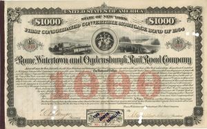 Rome, Watertown and Ogdensburgh Railroad Co. - 1874 dated $1,000 Railway Bond