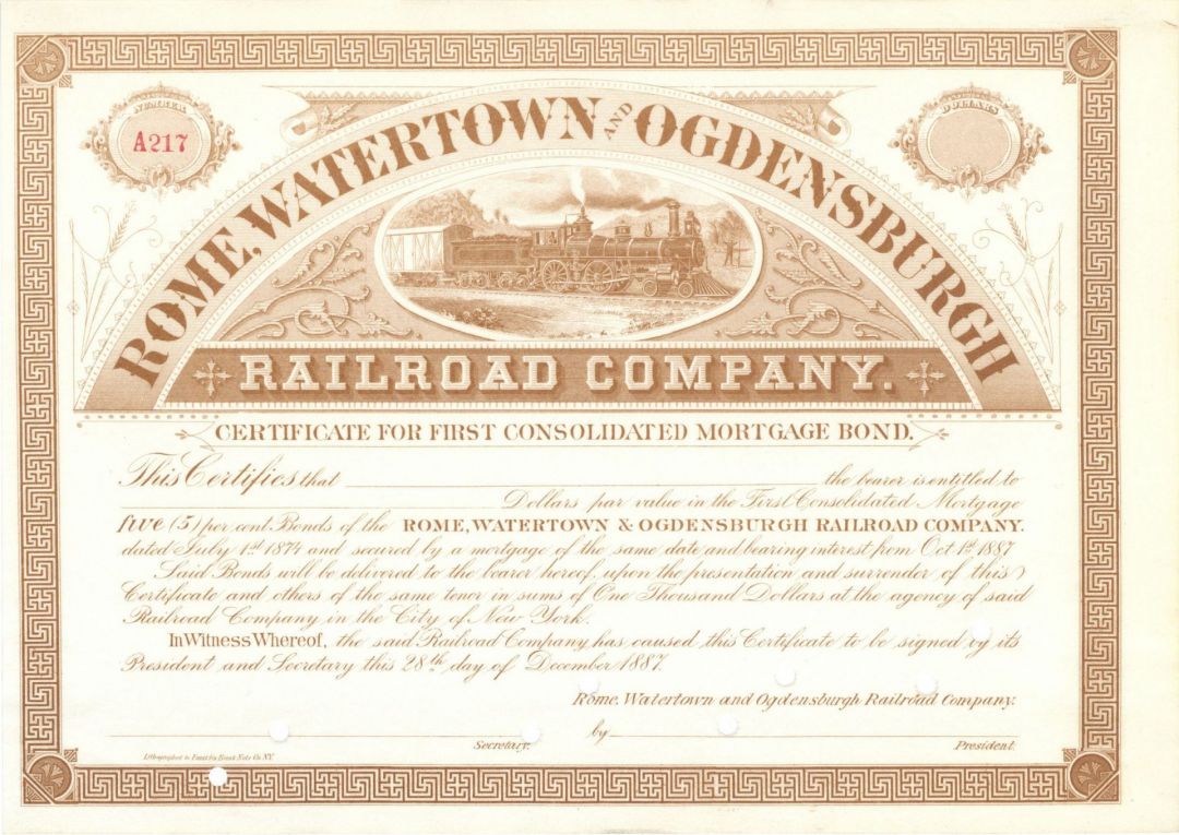 Rome, Watertown and Ogdensburgh Railroad - Unissued Railway Certificate for First Consolidated Mortgage Bond