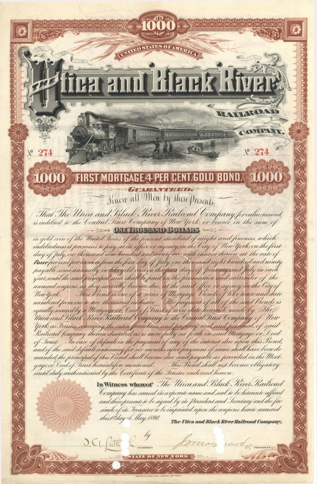 Utica and Black River Railroad Co. - 1890 dated $1,000 Bond