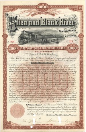 Utica and Black River Railroad Co. - 1890 dated $1,000 Bond