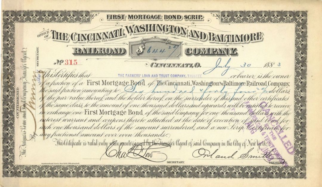 Cincinnati, Washington and Baltimore Railroad Co. - Various Denominations Bond